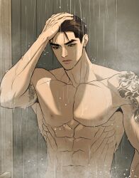 Rule 34 | 1boy, abs, arm tattoo, black eyes, black hair, closed mouth, collarbone, hand on own head, highres, indoors, jinx (manhwa), joo jaekyung, male focus, mingwa, muscular, muscular male, navel, nude, official art, pectorals, shower (place), showering, solo, tattoo, thick eyebrows, upper body, water drop