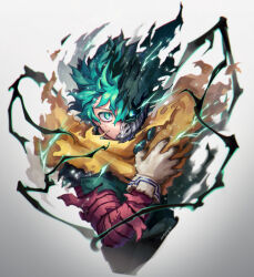 Rule 34 | 1boy, artist name, black whip (boku no hero academia), blurry, boku no hero academia, cape, chromatic aberration, commentary, cropped torso, curly hair, depth of field, electricity, eyes in shadow, floating cape, floating clothes, floating hair, freckles, gloves, glowing, glowing eyes, gradient background, green eyes, green hair, green mask, green pupils, grey background, hair between eyes, hand up, highres, light particles, looking at viewer, male focus, mask, mecyo (mamezurushiki), midoriya izuku, official alternate costume, scar, scar on face, short hair, soft focus, split theme, spoilers, torn cape, torn clothes, torn gloves, torn mask, torn sleeve, upper body, white background, white gloves