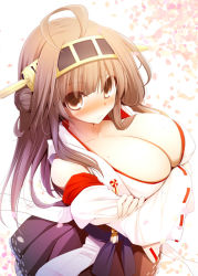 Rule 34 | 10s, 1girl, ahoge, bare shoulders, blush, breast hold, breasts, brown eyes, brown hair, cleavage, crossed arms, detached sleeves, hairband, japanese clothes, kantai collection, kongou (kancolle), kurikara, large breasts, long hair, looking at viewer, personification, petals, ribbon-trimmed sleeves, ribbon trim, skirt, solo