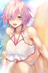 Rule 34 | 1girl, bare shoulders, bikini, blush, breasts, cleavage, collarbone, fate/grand order, fate (series), hair over one eye, highres, kurowa, large breasts, light purple hair, looking at viewer, mash kyrielight, mash kyrielight (swimsuit of perpetual summer ver.02), multicolored bikini, multicolored clothes, official alternate costume, open mouth, purple eyes, rainbow bikini, see-through, short hair, smile, solo, striped bikini, striped clothes, swimsuit