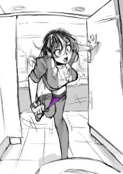 Rule 34 | 1girl, absurdres, bathroom, biku, blush, earrings, highres, jewelry, long hair, monochrome, motion lines, necklace, open mouth, original, panties, panty pull, running, shirt, shoes, sketch, thighhighs, toilet, toilet stall, underwear, watch, wide-eyed, worried