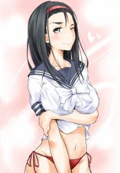 Rule 34 | 1girl, a certain high school uniform, arm under breasts, black hair, blue sailor collar, blush, bow, breasts, brown eyes, closed mouth, commentary request, cropped shirt, gradient background, hair between eyes, hairband, hand on own arm, heart, kumokawa seria, large breasts, long hair, looking at viewer, medium bangs, navel, no pants, one eye closed, pants, partial commentary, pink background, red hairband, red pants, sailor collar, school uniform, serafuku, shin (highest1192), shirt, short sleeves, smile, solo, stomach, summer uniform, toaru majutsu no index, upper body, white bow, white shirt, wink