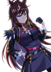 Rule 34 | 1girl, absurdres, animal ears, antenna hair, armor, belt, black gloves, black jacket, black shorts, blue eyes, breasts, brown hair, clenched hand, commentary request, cowboy shot, dress, duramente (umamusume), dutch angle, feathers, gloves, grass, hand on own hip, highres, horse ears, horse girl, horse tail, horseshoe, jacket, long hair, long sleeves, parted lips, purple dress, shorts, shoulder armor, signature, small breasts, smoke, solo, standing, tail, thigh strap, toshima (toshima325), umamusume, v-shaped eyebrows, very long hair, wind