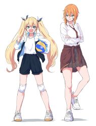 Rule 34 | 2girls, ball, bandaid, bandaid on cheek, bandaid on face, blonde hair, blue eyes, commentary request, crossed arms, fang, goddess of victory: nikke, green eyes, highres, holding, holding ball, jacket, laplace (nikke), maxwell (nikke), multiple girls, open clothes, orange hair, pleated skirt, shinoe nun, shirt, shorts, skirt, twintails, white footwear, white shirt
