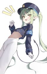 Rule 34 | 1girl, black hat, black jacket, black tail, blue archive, blush, demon tail, earrings, fang, gloves, green hair, green halo, halo, hat, highres, jacket, jewelry, long hair, long sleeves, loyo, navel, nozomi (blue archive), open mouth, pantyhose, peaked cap, pointy ears, simple background, skin fang, smile, solo, tail, twintails, white background, white gloves, white pantyhose, yellow eyes