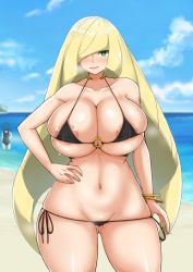 Rule 34 | absurdres, areola slip, bare shoulders, beach, bikini, black bikini, blonde hair, breasts, cleavage, cloud, covered erect nipples, creatures (company), curvy, game freak, green eyes, hair between eyes, hands up, highres, huge breasts, lana (pokemon), long hair, looking at viewer, lusamine (pokemon), mature female, nintendo, outdoors, outstretched arms, pokemon, pokemon sm, sand, sky, standing, swimsuit, wide hips, yamaori