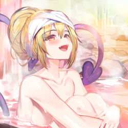 Rule 34 | 1girl, :d, bathing, blonde hair, breasts, bucchake (asami), collarbone, commentary request, completely nude, demon girl, demon tail, hair bun, heart, heart tail, hugging own legs, looking up, mako (bucchake (asami)), medium breasts, nude, onsen, open mouth, orange hair, original, partially submerged, short hair, single hair bun, sitting, smile, solo, steam, tail, teeth, towel, towel on head, upper body, upper teeth only