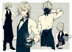 Rule 34 | 1boy, apron, barista, coffee, cup, edmond dantes (fate), fate/grand order, fate (series), full body, hair ribbon, looking at viewer, male focus, multiple views, ponytail, ribbon, short hair, simple background, spoon, syubare, waiter, white hair, yellow eyes