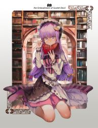 Rule 34 | 1girl, ankle boots, arch, bad id, bad pixiv id, bandaged leg, bandages, beads, belt, bespectacled, blue eyes, blurry, bonnet, book, bookshelf, boots, border, bow, capelet, crescent, crescent hair ornament, depth of field, door, floral print, freng, full body, glasses, hair ornament, holding, holding book, long hair, long sleeves, looking at viewer, open book, outside border, patchouli knowledge, pink footwear, purple eyes, purple hair, red bow, rose print, shade, sitting, solo, star (symbol), striped, torn clothes, touhou, vertical stripes, white border, yellow bow
