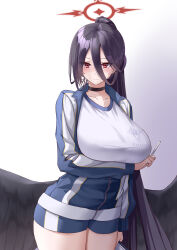 Rule 34 | 1girl, absurdres, arm under breasts, black choker, black hair, black wings, blue archive, blue jacket, blue shorts, breast hold, breasts, choker, closed mouth, cowboy shot, feathered wings, gym shirt, gym shorts, gym uniform, halo, hasumi (blue archive), hasumi (track) (blue archive), highres, huge breasts, jacket, kaijiba, large breasts, large wings, legs together, long hair, looking at viewer, low wings, mole, mole under eye, official alternate costume, partially unzipped, red eyes, red halo, shirt, shorts, simple background, solo, standing, track jacket, very long hair, white shirt, wings