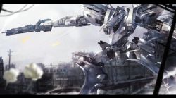 Rule 34 | aiming, armored core, armored core: for answer, bad id, bad twitter id, blurry, blurry background, blurry foreground, cable, city, cityscape, clear sky, commentary, copyright name, english commentary, fighting stance, flower, full body, gun, holding, holding gun, holding weapon, leaning forward, looking away, mecha, mono (jdaj), no humans, outstretched arms, rifle, robot, sky, smoke, smoking gun, utility pole, weapon, white glint
