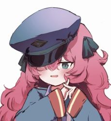 Rule 34 | 1girl, armband, blue archive, blush, collared shirt, commentary request, grey eyes, hair ornament, hat, iroha (blue archive), long hair, long sleeves, looking at viewer, meng yin, military, military hat, military uniform, open mouth, peaked cap, red hair, shirt, simple background, solo, uniform, upper body, wavy hair, white background