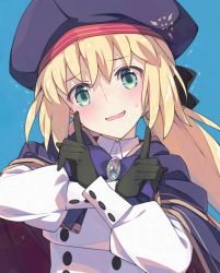 Rule 34 | 1girl, artoria caster (fate), artoria caster (second ascension) (fate), artoria pendragon (fate), blonde hair, blue background, blush, commentary request, fate/grand order, fate (series), gloves, hair between eyes, hat, long hair, long sleeves, looking at viewer, open mouth, saipaco, simple background, solo, sweatdrop, tongue, twintails, upper body