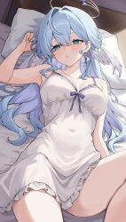 1girl absurdres armpits artist_name babydoll bare_shoulders blue_eyes blue_hair breasts collarbone commentary earrings english_commentary halo head_wings highres honkai:_star_rail honkai_(series) jewelry long_hair lying medium_breasts mugripley on_back on_bed parted_lips pillow robin_(honkai:_star_rail) solo star_(symbol) star_earrings thighs white_babydoll wings