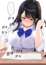 Rule 34 | ..., 1girl, black hair, blue bow, blue bowtie, blush, bow, bowtie, breasts, cleavage, closed mouth, collared shirt, commentary request, desk, kaisen chuui, large breasts, long sleeves, looking down, original, purple eyes, school uniform, shirt, simple background, solo, white background, white shirt