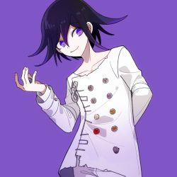 Rule 34 | 1202 koge, 1boy, closed mouth, collarbone, commentary request, cowboy shot, danganronpa (series), danganronpa v3: killing harmony, flipped hair, hair between eyes, hand up, jacket, long sleeves, looking at viewer, male focus, oma kokichi, pants, purple background, purple eyes, purple hair, purple theme, shirt, short hair, simple background, smile, solo, straitjacket, white jacket