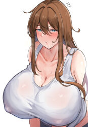 Rule 34 | 1girl, absurdres, bare arms, blue eyes, blush, breasts, brown hair, cleavage, collarbone, covered erect nipples, hair between eyes, highres, huge breasts, leaning forward, long hair, minori (user eket5233), original, parted lips, sidelocks, simple background, solo, sweat, tank top, upper body, white background, white tank top