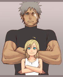 Rule 34 | 1boy, 1girl, age difference, ahoge, aqua eyes, bad id, bad pixiv id, bare shoulders, blonde hair, crossed arms, dark skin, expressionless, father and daughter, gradient background, grey hair, height difference, letterboxed, long hair, manly, muscular, mustard seeds, one-eyed, original, scar, shirt, simple background, size difference, smile, spiked hair, t-shirt, tank top, yuuji (and)
