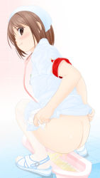 Rule 34 | 1girl, ass, bathroom, blue footwear, blush, breasts, brown eyes, brown hair, clothes lift, clothes pull, dedenden (pixiv30568724), dress, dress lift, from behind, hat, highres, holding, looking at viewer, looking back, name tag, nurse, nurse cap, pantyhose, pantyhose pull, peeing, sandals, short hair, short sleeves, small breasts, smile, squat toilet, squatting, stethoscope, toilet, toilet paper, toilet use, wall, white dress, white headwear, white pantyhose