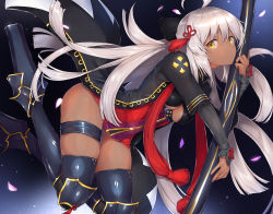 Rule 34 | 1girl, ahoge, armored boots, bad id, bad pixiv id, bent over, black background, black bow, blue background, boots, bow, breasts, coat, commentary request, dabuki, dark-skinned female, dark skin, fate/grand order, fate (series), from side, gradient background, hair between eyes, hair bow, hair ornament, high collar, highres, holding, holding sword, holding weapon, katana, koha-ace, long hair, looking at viewer, majin saber, okita souji (fate), okita souji alter (fate), petals, sheath, sheathed, solo, sword, tassel, thigh strap, underboob, very long hair, weapon, yellow eyes