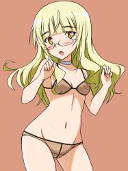 Rule 34 | 1girl, :o, blonde hair, blush, bra, breasts, cleavage, glasses, long hair, navel, orange eyes, panties, perrine h. clostermann, red background, simple background, small breasts, solo, strike witches, underwear, underwear only, world witches series, yumekaranigeruna