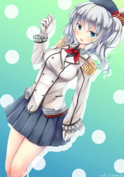 Rule 34 | 10s, 1girl, beret, blue eyes, blush, breasts, buttons, epaulettes, frilled sleeves, frills, gloves, hat, highres, jacket, kantai collection, kashima (kancolle), kerchief, large breasts, long sleeves, looking at viewer, md5 mismatch, military, military uniform, pleated skirt, resolution mismatch, sidelocks, silver hair, skirt, solo, source smaller, twintails, twitter username, uniform, wavy hair, white gloves, yuki kawachi