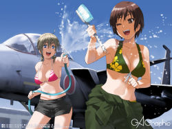 Rule 34 | 2girls, aircraft, airplane, bikini, bikini top only, breasts, cleaning brush, cleavage, f-15, f-15 eagle, fighter jet, front-tie top, gagraphic, glasses, hose, jet, medium breasts, military, military vehicle, multiple girls, one eye closed, shirayuki shoushirou, swimsuit, wallpaper, wink