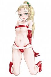 Rule 34 | 1girl, blonde hair, blue eyes, breasts, christmas, chrono trigger, gloves, long hair, looking at viewer, marle (chrono trigger), open mouth, ponytail, simple background, smile, solo, white background