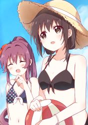 Rule 34 | 2girls, :d, ^ ^, absurdres, ball, bare shoulders, beachball, bikini, black bikini, black hair, blue sky, blush, bracelet, breasts, brown eyes, brown headwear, closed eyes, collarbone, commentary, day, funami yui, hair between eyes, hand up, happy, hat, highres, holding, holding ball, huge filesize, jewelry, laughing, long hair, looking to the side, low twintails, mesushio, multiple girls, navel, open mouth, outdoors, polka dot, polka dot bikini, ponytail, purple hair, sky, smile, split mouth, straw hat, sugiura ayano, swimsuit, twintails, yuru yuri