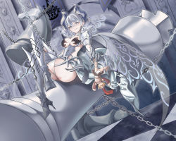 Rule 34 | 1girl, absurdres, armor, ass, boots, breasts, chess piece, cleavage, demon girl, doll, drill hair, duel monster, elizi, gauntlets, greaves, grey eyes, grey hair, high heel boots, high heels, highres, horns, king (chess), knight (chess), knight (yu-gi-oh!), lady labrynth of the silver castle, large breasts, lovely labrynth of the silver castle, low wings, multiple wings, pauldrons, pawn (chess), shoulder armor, solo, thighhighs, transparent wings, twintails, wings, yu-gi-oh!