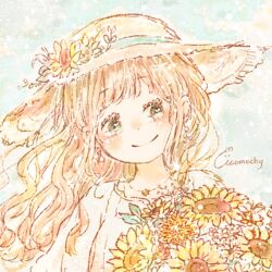Rule 34 | 1girl, artist name, blush, bouquet, bright pupils, brown hair, closed mouth, colored eyelashes, commentary, day, dot nose, dress, floating hair, flower, hat, hat flower, head tilt, holding, holding bouquet, jewelry, light blue background, looking at viewer, momochy, multicolored background, necklace, original, outdoors, pastel colors, portrait, signature, smile, solo, summer, sun hat, sunflower, upper body, wavy hair, white background, white dress, white flower, yellow flower, yellow hat
