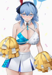 Rule 34 | 1girl, absurdres, ako (blue archive), bare shoulders, blue archive, blue eyes, blue hair, blush, breasts, cleavage, collarbone, confetti, criss-cross halter, hair between eyes, hair ribbon, hairband, halo, halterneck, highres, holding, holding pom poms, large breasts, long hair, looking at viewer, millennium cheerleader outfit (blue archive), miniskirt, navel, open mouth, pleated skirt, pom pom (cheerleading), pom poms, ribbon, san (harutuki 3), skirt, solo, sports bra, thighs, white skirt