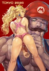 Rule 34 | 1boy, 1girl, 2020, ass, back, bent over, blonde hair, blue eyes, cameltoe, crown, earrings, facial hair, from behind, hand on own chin, hat, jewelry, long hair, looking at viewer, looking back, mario, mario (series), muscular, mustache, nintendo, one eye closed, overalls, parted lips, ponytail, princess peach, shiny skin, smile, sports bikini, v arms, whistlerx