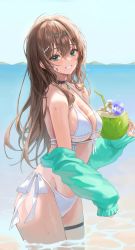 Rule 34 | 1girl, absurdres, bare shoulders, beach, bikini, breasts, brown hair, choker, cleavage, coconut, drinking straw, dripping, green eyes, grin, highres, in water, jacket, long sleeves, looking at viewer, lujang (fudge), medium breasts, original, side-tie bikini bottom, smile, solo, swimsuit, thigh strap, thighs, unfinished, water, wet, white bikini