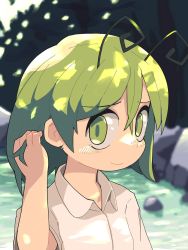 Rule 34 | 1girl, antennae, blurry, blurry background, blush, closed mouth, collared shirt, dappled sunlight, green eyes, green hair, hair between eyes, hand in own hair, highres, looking at viewer, river, shirt, short hair, smile, solo, stone, sunlight, touhou, tree, ugif, upper body, water, white shirt, wriggle nightbug