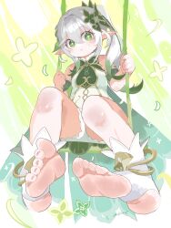 Rule 34 | 1girl, artist name, bare shoulders, bloomers, blush, breasts, commentary request, cross-shaped pupils, dress, feet, foot focus, foreshortening, full body, genshin impact, gold trim, green background, green dress, green eyes, grey hair, hair between eyes, hair intakes, hair ornament, highres, holding, leaf hair ornament, long hair, looking at viewer, nahida (genshin impact), no shoes, omkuros, pointy ears, ponytail, short dress, shorts, side ponytail, sidelocks, signature, sitting, small breasts, socks, soles, solo, stirrup footwear, stirrup legwear, swing set, symbol-shaped pupils, toeless legwear, toes, underwear, white bloomers, white dress, white shorts, white socks
