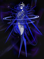 Rule 34 | 1girl, black background, blue hair, blue pupils, blue sclera, blue skin, closed mouth, colored sclera, colored skin, full body, heart, highres, horns, looking at viewer, monster girl, multicolored hair, no arms, no feet, original, ribs, ruteko (ruko220), solo, standing, tail, tentacle hair, tentacles, two-tone hair, white eyes, white hair, white skin