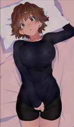 Rule 34 | 1girl, :o, arm up, bed sheet, bike shorts, black shirt, blue eyes, blush, breasts, brown hair, clothes pull, collarbone, commentary request, covered erect nipples, covered navel, covering privates, covering crotch, cowboy shot, from above, head tilt, highres, honda mio, idolmaster, idolmaster cinderella girls, kitou sakeru, large breasts, long sleeves, nose blush, parted lips, pillow, shirt, shirt pull, short hair, sleeves past wrists, solo, tareme, taut clothes, taut shirt