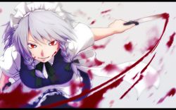 Rule 34 | 1girl, action, apron, black pantyhose, blood, blood on face, bloody knife, blue dress, blurry, bow, braid, breasts, colored eyelashes, depth of field, dress, dual wielding, frilled apron, frills, green theme, grin, hair bow, holding, izayoi sakuya, knife, letterboxed, looking at viewer, maid, maid apron, maid headdress, pantyhose, red eyes, ribbon, short sleeves, silver hair, smile, solo, touhou, twin braids, usui ryuusan, white background