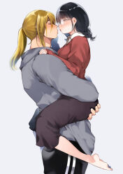 Rule 34 | 1boy, 1girl, ass grab, barefoot, black hair, blonde hair, braid, carrying, commentary request, couple, glasses, hetero, highres, hug, imminent kiss, jacket, o3o, original, ponytail, short hair, simple background, yatomomin