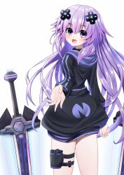 Rule 34 | 1girl, :d, adult neptune, bare legs, blush, commentary request, cowboy shot, d-pad, d-pad hair ornament, from behind, hair between eyes, hair ornament, highres, holster, hood, hooded jacket, jacket, long hair, looking at viewer, looking back, neptune (series), open mouth, purple eyes, purple hair, reaching, reaching towards viewer, shin jigen game neptune vii, simple background, smile, solo, sword, thigh strap, very long hair, weapon, white background