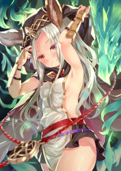 Rule 34 | 1girl, animal ears, armpits, arms up, black skirt, blush, breasts, cat ears, cloak, closed mouth, ears through headwear, erune, granblue fantasy, highres, hood, hood up, hooded cloak, long hair, looking at viewer, red eyes, scathacha (granblue fantasy), sideboob, silver hair, skirt, small breasts, smile, solo, watermark, wrist guards, xephonia
