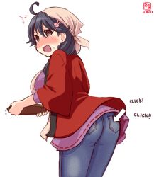 Rule 34 | 1girl, ahoge, alternate costume, artist logo, ass, bandana, black hair, blue pants, blush, brown eyes, commentary request, cursor, dated, denim, from behind, hair ornament, hairclip, happi, highres, japanese clothes, jeans, kanon (kurogane knights), kantai collection, long hair, nose blush, open mouth, pants, simple background, solo, standing, tray, ushio (kancolle), wavy mouth, white background