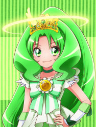 Rule 34 | 10s, 1girl, asahi haru, bow, brooch, choker, cure march, cure march (princess form), green background, green eyes, green hair, green theme, halo, hand on own hip, jewelry, long hair, magical girl, matching hair/eyes, midorikawa nao, ponytail, precure, ribbon, smile, smile precure!, solo, striped, striped background, tiara, tri tails, vertical stripes