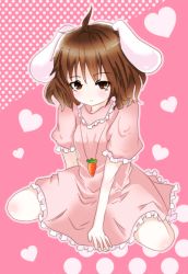 Rule 34 | 1girl, animal ears, brown eyes, brown hair, carrot necklace, dress, frilled dress, frills, heart, heart background, inaba tewi, jewelry, naru424, necklace, pendant, pink dress, puffy short sleeves, puffy sleeves, rabbit ears, short hair, short sleeves, sitting, touhou, wariza