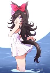 Rule 34 | 1girl, animal ears, back bow, black hair, bow, casual one-piece swimsuit, clothes lift, dated, dress swimsuit, expressionless, flower, from side, hair bow, hair flower, hair ornament, hair over one eye, hand on own cheek, hand on own face, highres, horse ears, horse girl, horse tail, lifting own clothes, long hair, looking at viewer, looking back, nii manabu, one-piece swimsuit, pleated skirt, purple eyes, red bow, rice shower (umamusume), signature, skirt, skirt lift, solo, swimsuit, tail, umamusume, wading, water, white bow, white one-piece swimsuit