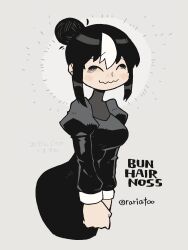 Rule 34 | 1girl, absurdres, alternate costume, alternate hairstyle, black dress, black hair, breasts, closed eyes, closed mouth, dress, english text, goth fashion, hair bun, highres, large breasts, long dress, noss &amp; zakuro, noss (rariatto), own hands together, puffy sleeves, rariatto (ganguri), sidelocks, simple background, smile, vampire, wavy mouth, white background
