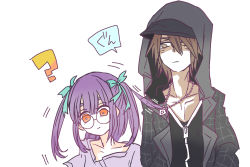 1boy 1girl baseball_cap black_coat brown_hair closed_mouth coat eyebrows glasses green_ribbon hair_ribbon hat highres hood hood_up hoodie jewelry minamimoto_sho necklace orange_eyes purple_hair ribbon round_eyewear shin_subarashiki_kono_sekai simple_background spiked_hair subarashiki_kono_sekai twintails upper_body usui_nagi zipper zipper_pull_tab