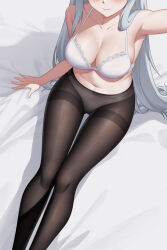 Rule 34 | 1girl, alternate costume, arm support, arm up, armpits, bed sheet, black pantyhose, blue archive, bra, breasts, cleavage, collarbone, commentary request, from above, grey hair, head out of frame, highres, large breasts, long hair, looking at viewer, looking up, navel, noa (blue archive), panties, panties under pantyhose, pantyhose, selfie, sidelocks, simple background, sitting, solo, spaghetti strap, stomach, underwear, white bra, zhong zi sheliu
