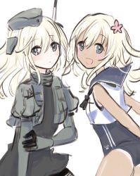 Rule 34 | 2girls, black neckwear, blonde hair, blue eyes, blue sailor collar, blush, cropped jacket, dual persona, garrison cap, hat, highres, jacket, kantai collection, long hair, looking at viewer, multiple girls, nikai kara momoshio, one-hour drawing challenge, one-piece swimsuit, open mouth, ro-500 (kancolle), sailor collar, simple background, sleeveless, swimsuit, swimsuit under clothes, tan, tanline, u-511 (kancolle), white background